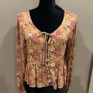 Self Esteem Juniors Floral Print Medium Toasted Nut Long Sleeve Blouse